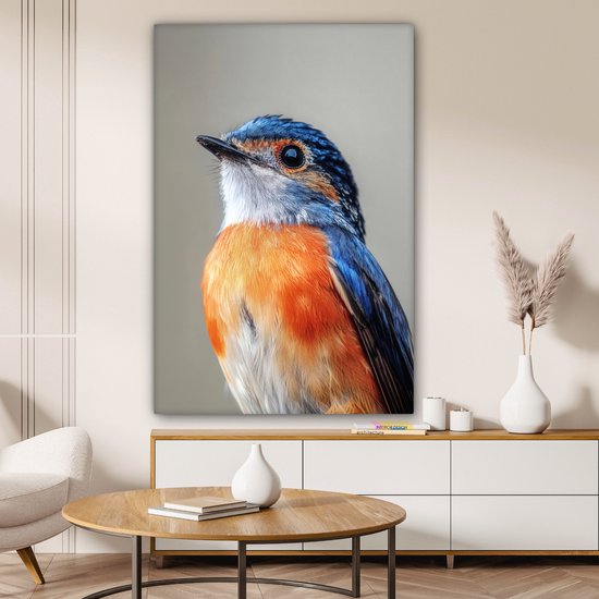 Tableau sur toile 80x120 cm - Décoration murale Colorée - Oiseau - Ressorts - Blauw - Décoration murale salon - Décoration chambre - Accessoires chambre - Peintures sur toile