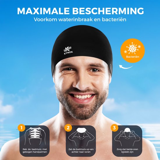 Zwarte Kyrox badmuts op het hoofd van een man, met instructies voor opzetten.