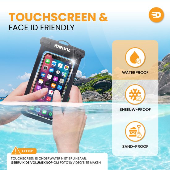 Drivv. waterdichte telefoonhoes in zwart, met touchscreen en Face ID vriendelijk. Inclusief water-, sneeuw- en zandbestendigheid.