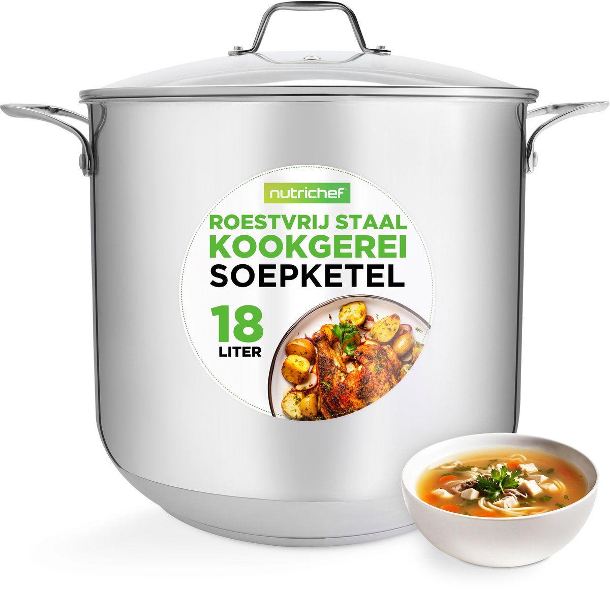 NutriChef Kookpot – 18L Soeppan- Roestvrijstalen Inductie Kookpan - Stoofpot- Soeppan met Doorzichtig Deksel- Vaatwasmachinebestendig