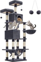Hoppa! Arbre à chat, arbre à chat de 206 cm de haut avec 13 arbres à chat, 1 rampe à gratter, 2 plates-formes, 2 grottes, panier, hamac, pompons, arbre à chat à plusieurs niveaux pour grands chats, gris fumé