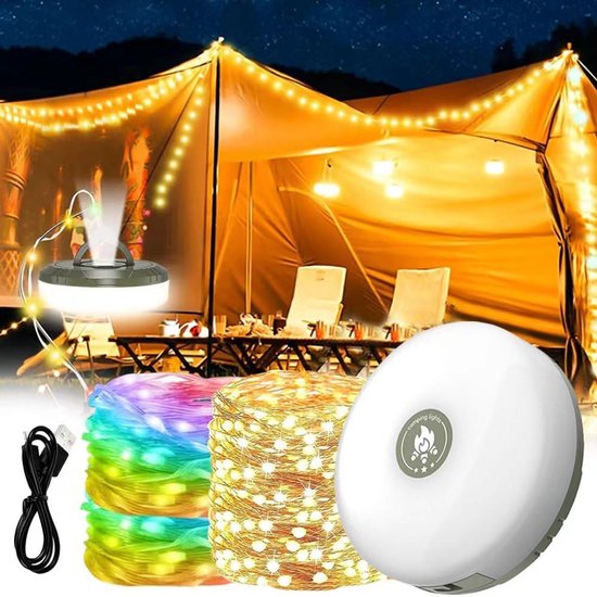 Camping Lichtsnoer - 10 Meter - IP44 Waterdicht - Oprolbaar - Oplaadbaar - Warm-Wit | Verlichting Buiten Slinger - Lampjes - Lampenslinger - Kampeerlamp - Tentlamp