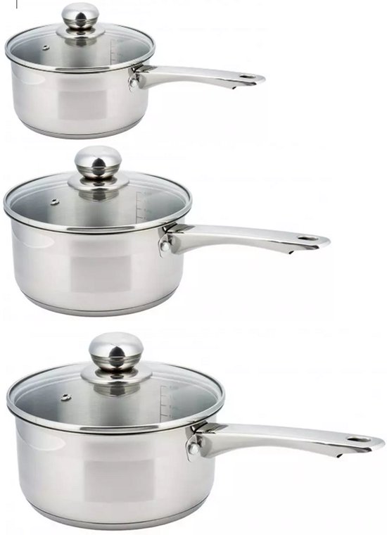 3 x casserole / faitout - casserole avec couvercle en verre - Ø12, Ø14, Ø16 cm - Acier inoxydable - 0/ 1 / 1,5 litre