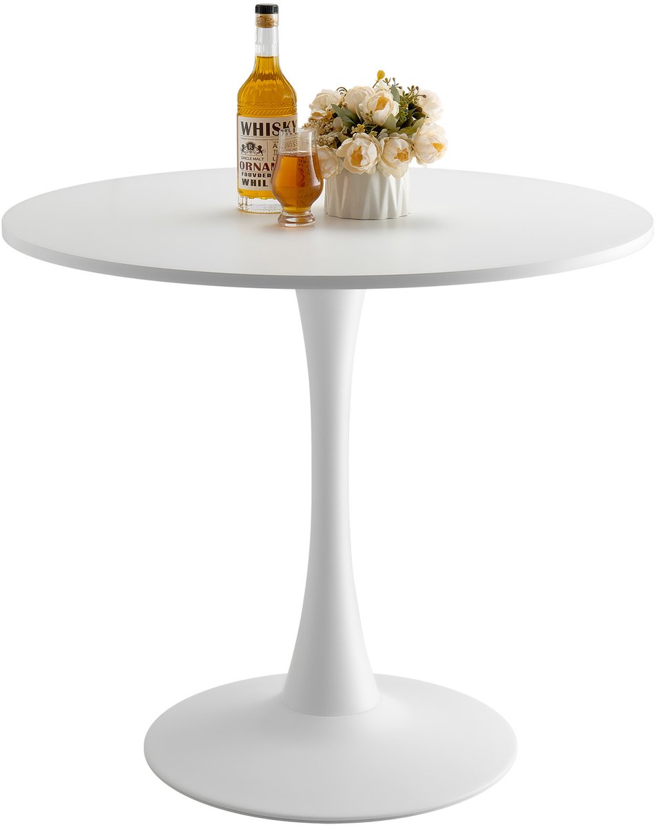 Ronde eettafel keukentafel houten tafel (80 cm / 113,4 kg draagvermogen) voor 2-4 personen, moderne kantoortafels met kolompoot in tulpvorm, voor keuken thuis woonkamer, wit (alleen tafel)