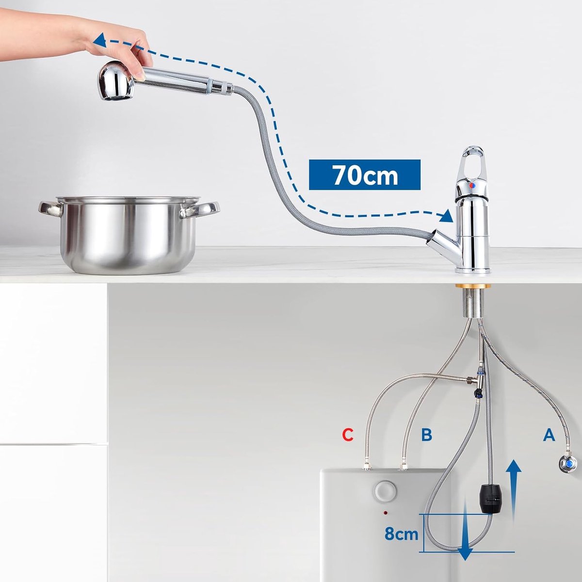 Lagedruk-armatuur, keukenkraan van messing, 360° draaibare kraan, lagedruk-armatuur met 3 aansluitingen voor koud water en boiler, verchroomd