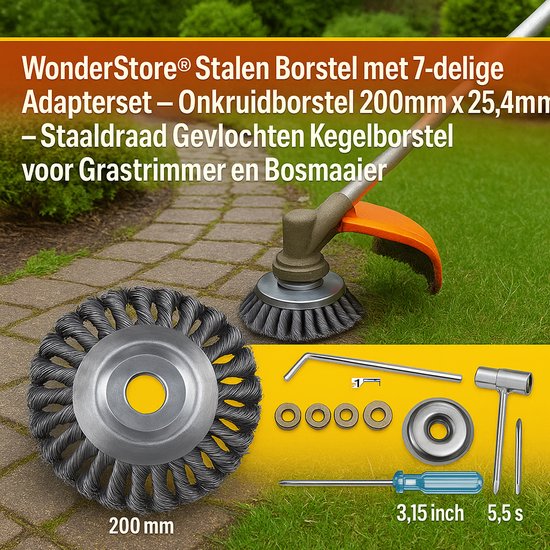 Foto: Wonderstore stalen borstel met 7 delige adapterset onkruidborstel 200 mm x 25 4 mm staaldraad gevlochten kegelborstel voor grastrimmer bosmaaier tegen onkruid mos hardnekkige afzettingen en verontreinigingen