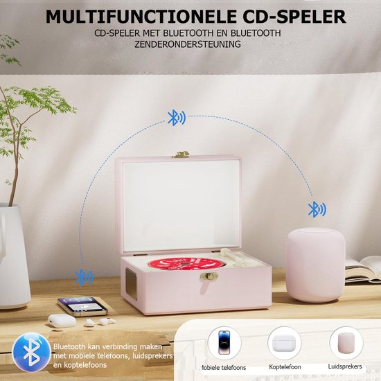 Draagbare Cd-speler met Bluetooth, Vintage Cd-muziekspeler, Retro Grammofoon -cd-speler, Ingebouwde Hifi-luidsprekers, Ondersteuning voor USB, AUX-ingang, Ideaal voor Cadeaus en Woondecoraties(Roze