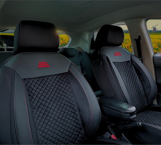 Autostoelhoezen voor Porsche Macan 2014 in pasvorm| Set van 2 stuks | Bestuurder + Passagiersstoel AIS Serie | AIS101 | Zwart met rode stiknaden
