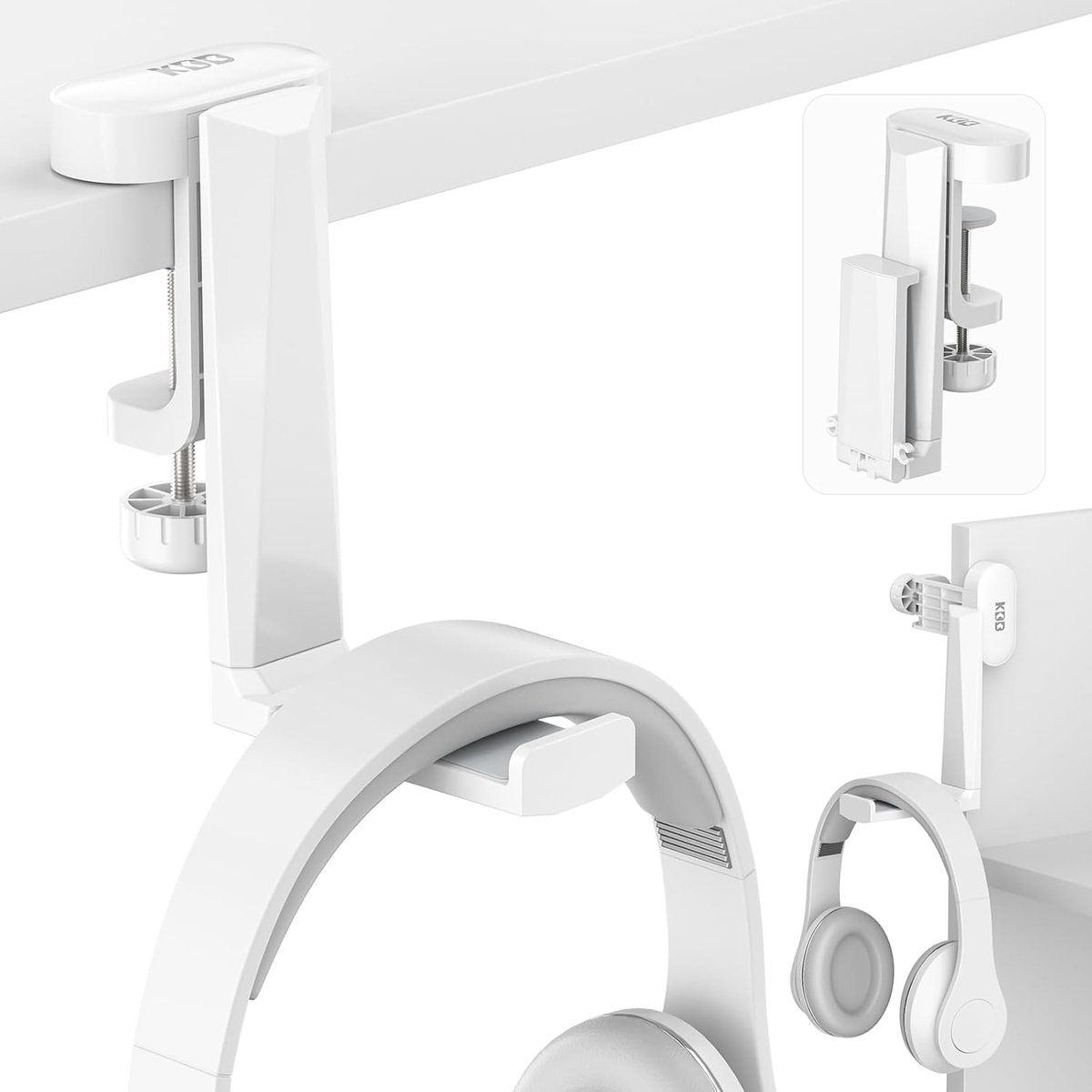 Headsetstandaard opvouwbaar - Opvouwbare hoofdtelefoonhouder onder bureau - 360° draaibare gamingheadsethouder tafel, hoofdtelefoonstandaard voor pc Meeste gamingheadset, met kabelorganizer (wit)