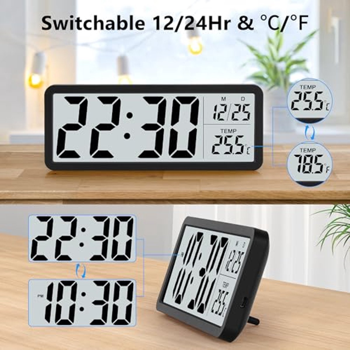 Sukeen Digitale wandklok werkt op batterijen met grote cijfers, temperatuur, 12/24 uur - bureauklok voor woonkamer, slaapkamer, kantoor, school, garage, magazijn - wit