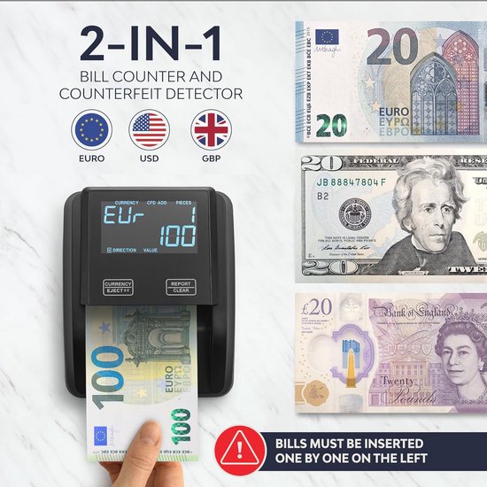 ZENACASA- Automatische valsgelddetector - 100% bankbiljetverificatie -valse Dollars, valse Ponden Sterling - Compact & Lichtgewicht Handheld Scanner