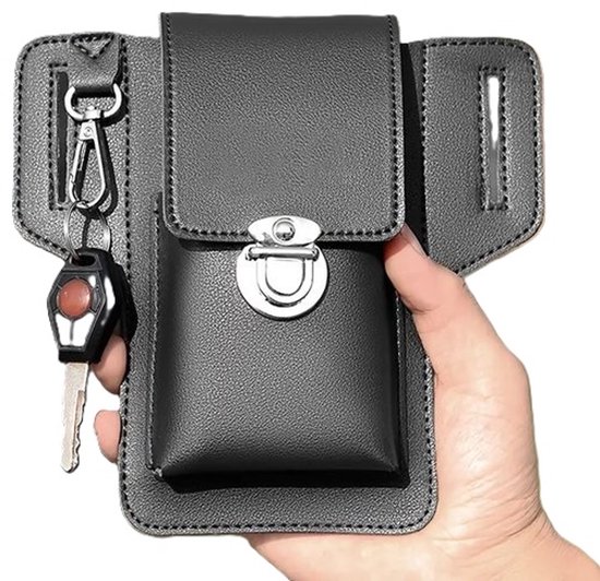 Sac banane de Luxe pour smartphone I Sac Riem pour téléphone I Riem de support pour téléphone I Sac pour smartphone I Avec mousqueton I Avec Cuir PU I Avec poche de rangement Extra I Zwart