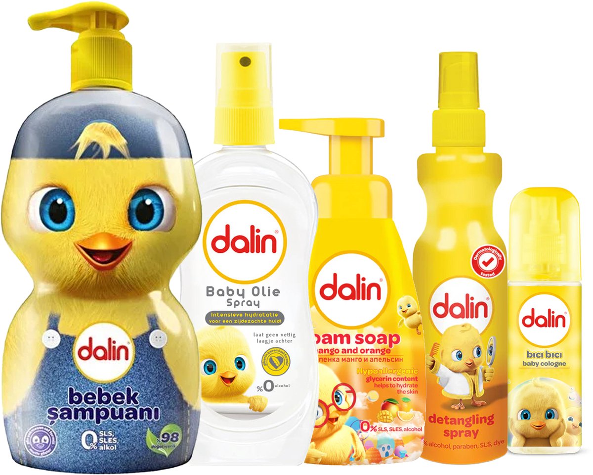 Dalin Baby Verzorgingspakket 5 delig met Shampoo, Ontklitspray, Olie, Cologne en Schuimzeep Zachte verzorging van top tot teen
