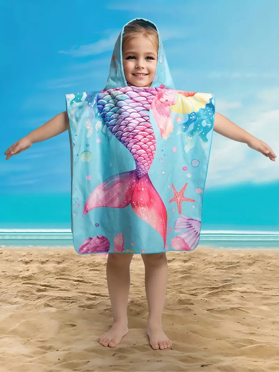 Twenty Two™ bad handdoek zeemeermin print | grote handdoek met capuchon | sneldrogend & absorberend | strand handdoek voor meisjes | perfect voor strand, zwemmen, vakantie | cadeau voor meiden | strand accessoires | poncho | cape | handdoek 120x60cm