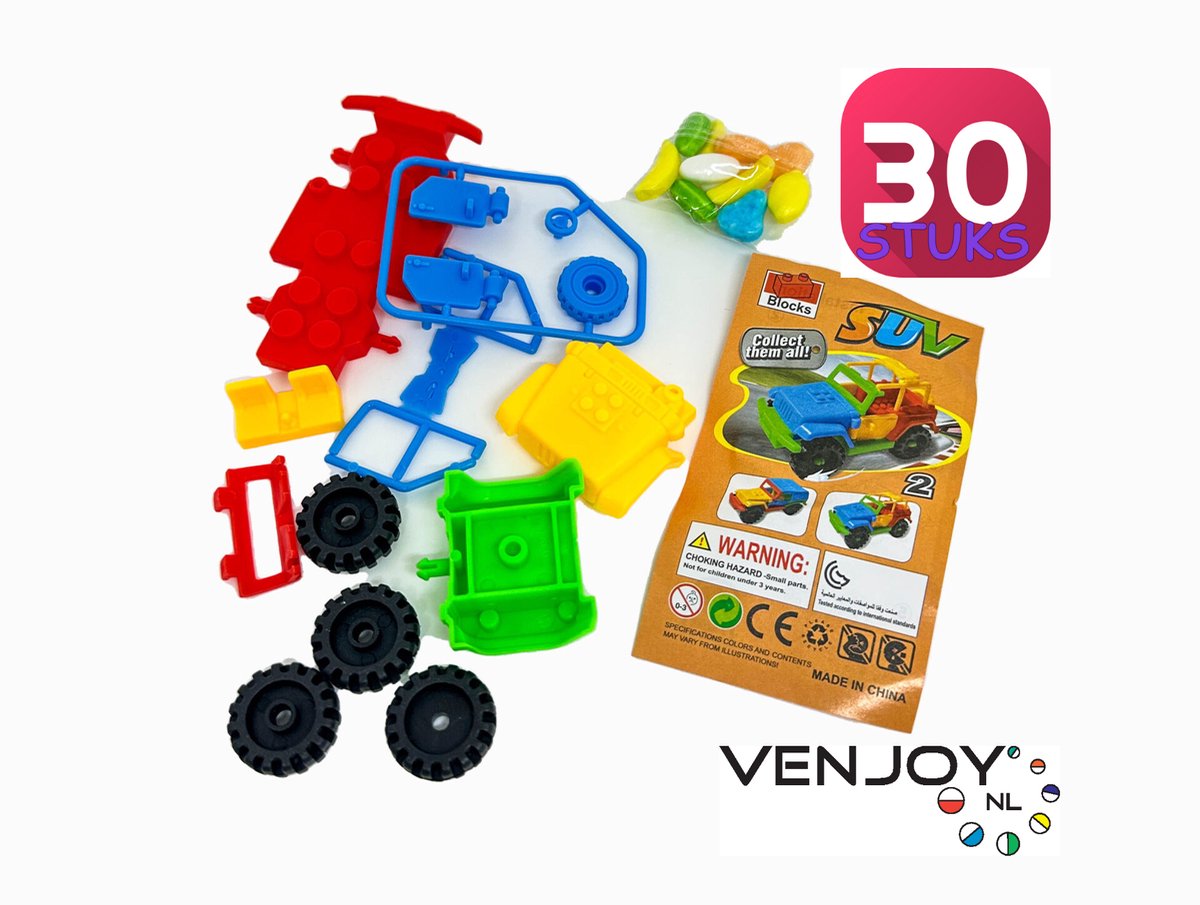Bouwblokjes Auto - 30 stuks - met zakje snoep - druivensuiker - uitdeelcadeautje - traktatie - Kinderverrassingen