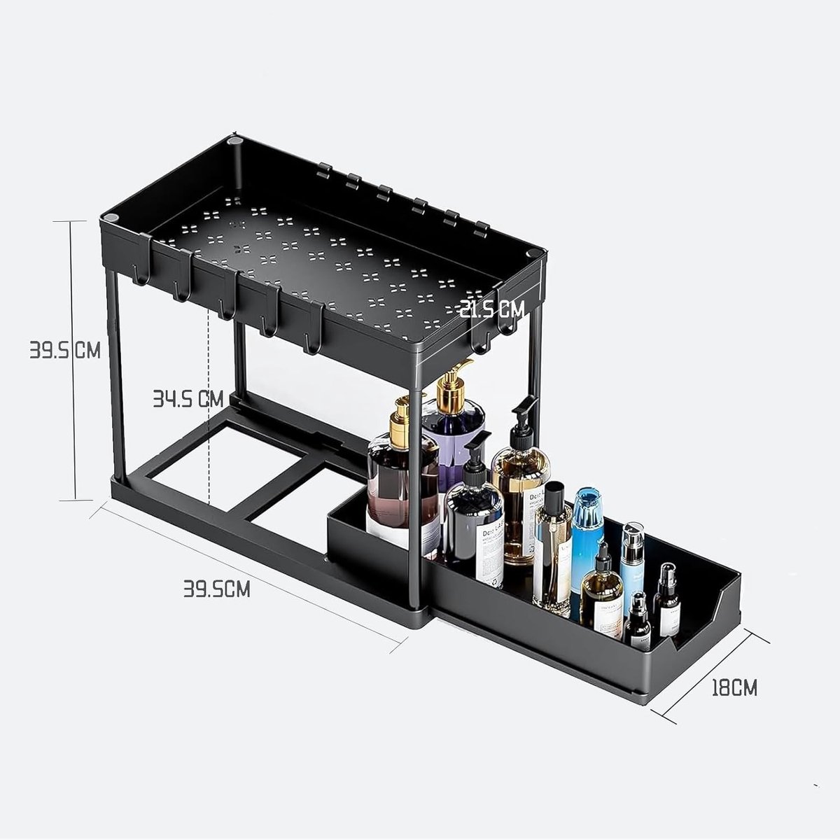 Spoelkastorganizer met 8 haken - Onder de wastafel - Uittrekbaar - Zwart