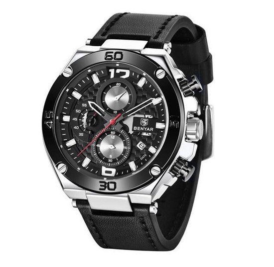 Herenhorloge - Chronograaf - Horloge Heren - Leren Band - Zwart