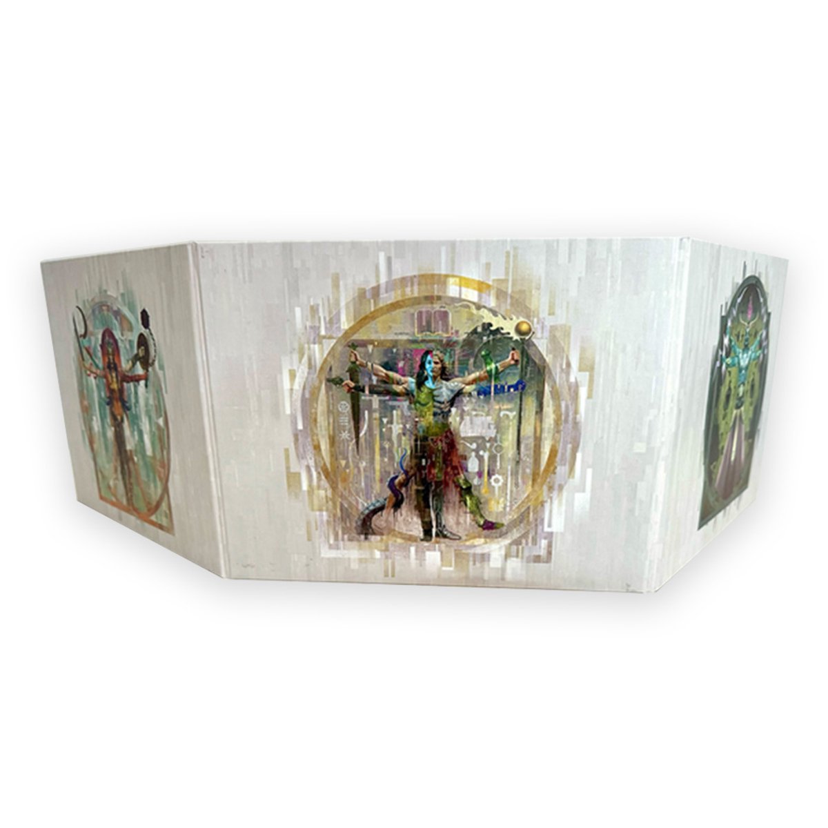 Drievoudige gamemaster screen met magische wezens en cirkels.