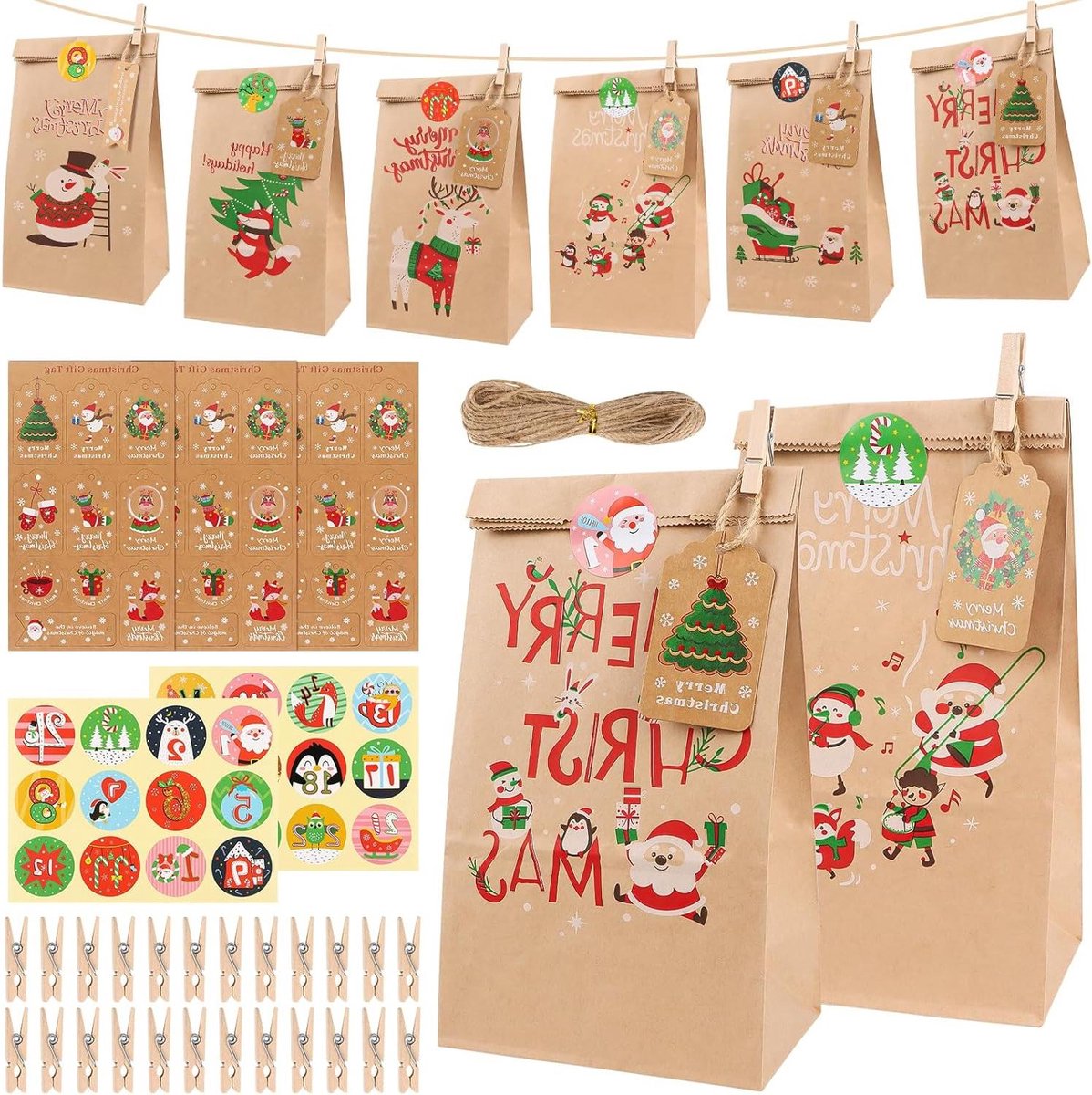 24-delige papieren zakjes voor adventskalender om te vullen met 24 houten clips en 1 sticker