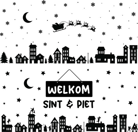Sinterklaas raamsticker met Sinterklaas, Piet, huizen, sterren en de maan.