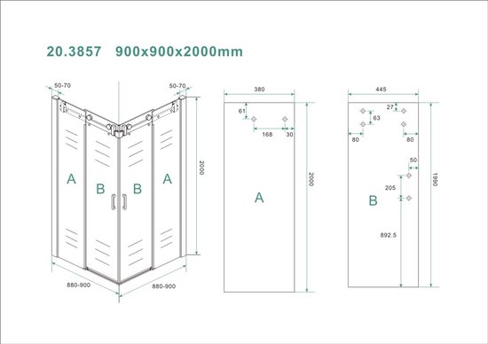 Cabine de douche Wiesbaden Carrée Porte coulissante 90x90x200cm Anti-calcaire Verre clair Chrome Profil 8mm Verre de sécurité Facile à nettoyer