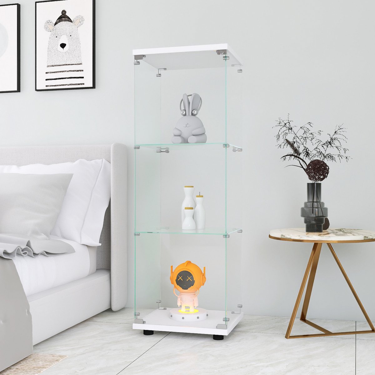 Glazen Vitrine, Moderne Vitrinekast met 3 ESG glazen planken, Collectievitrine voor de Bar, de Woonkamer, 125 x 42 x 36 cm, Wit