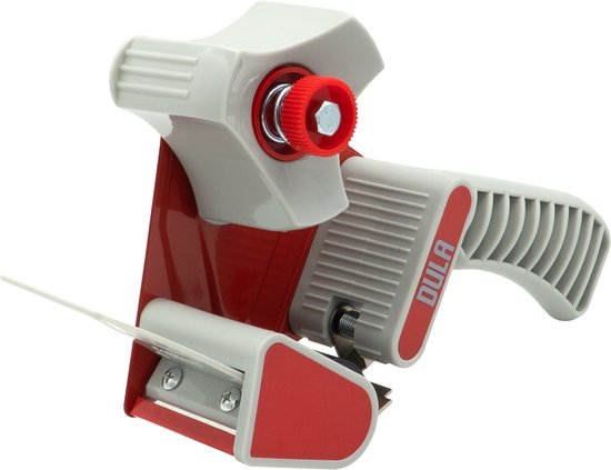 DULA tape dispenser met rode accenten en grijze handgreep, tape uitloop.
