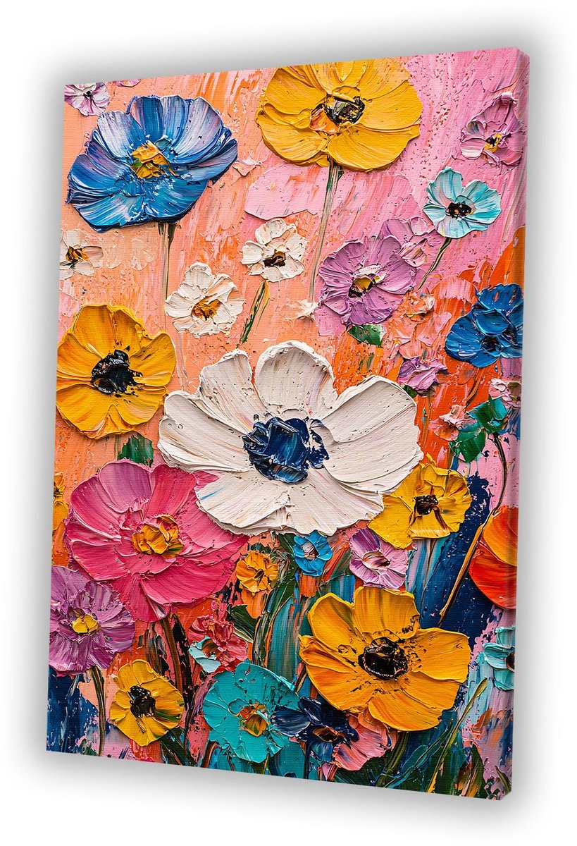 Kleurrijke bloemen in dikke verf - Bloemen canvas schilderijen - Muurdecoratie canvas natuur - Expressionisme - Decoratieve kunst - Wanddecoratie woonkamer - canvas 80x120 cm