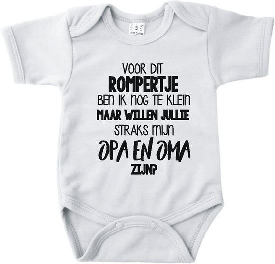 Barboteuse Bébé avec texte d'annonce de grossesse | Je suis encore trop petit pour cette barboteuse, mais aimerais-tu être mes grands-parents ? | Blanc | manche courte | annonce de grossesse cadeau taille 56 |Cadeau 100% coton.