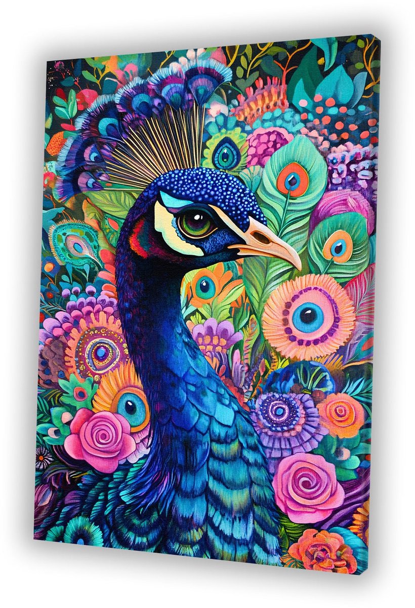 Kleurrijke pauw tussen bloemen - Pauw wanddecoratie - Wanddecoratie canvas dieren - Psyche