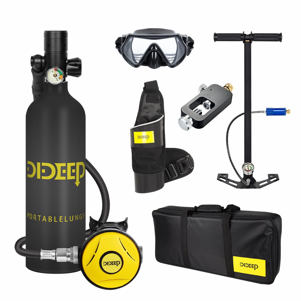 Pelor 1L Duikset – Compleet met Handpomp, Drukmeter & Handleiding – 10-20 Min. Duiktijd – Sterk Aluminium – 200 Bar – Tot 10m Diepte - Zwart