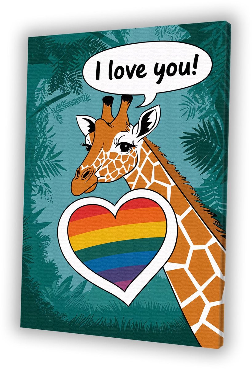 Giraffe met regenbooghart - Giraffe portret - Schilderijen dier - Pop Art - Klassiek schilderijen - Decoratie slaapkamer - canvas 40x60 cm