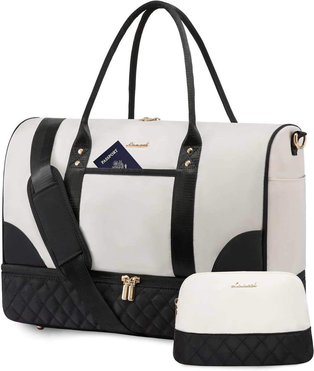 Zwarte en beige reistas voor dames - 40L weekendtas met schoenenvak en opbergtas