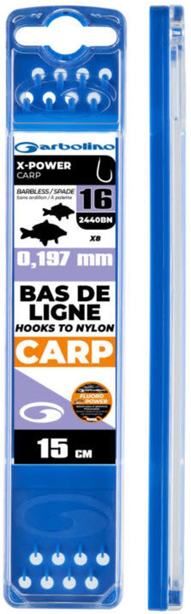 Garbolino Hooks to Nylon Competition X-Power Carp 15cm (8 pcs) - Maat : Haak 16 (2440BN) - 0.197mm Fluoro Power