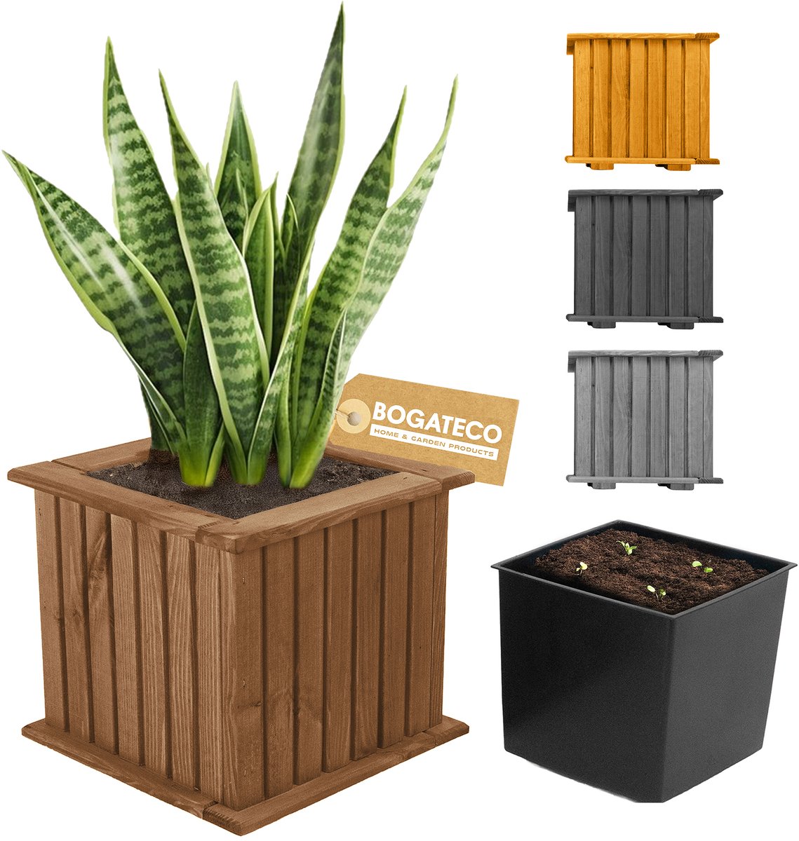BOGATECO houten bloembak | Plantenbak | Bloempot 25 x 25 x 25 cm | Kruidenpot voor huis tuin balkon terras | Pot met kunststof inzetstuk | Waterdicht | Donkerbruin