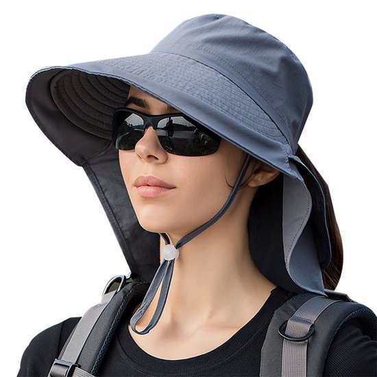 Chapeau de soleil femme et homme - Chapeau de jardin pliable - Large bord avec rabat pour le cou - Avec mentonnière - Pour Plein air et le Jardinage - Gris foncé - 1 pièce