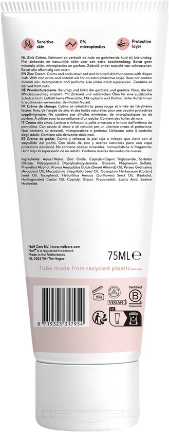Achterkant van een Naïf Zinkcrème tube met ingrediënten, certificeringen en tekst 'Tube made from recycled plastic'.