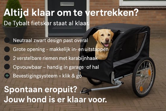 Zwarte fietskar met een gele labrador voor een huis. Grote opening, verstelbare riemen, opvouwbaar.