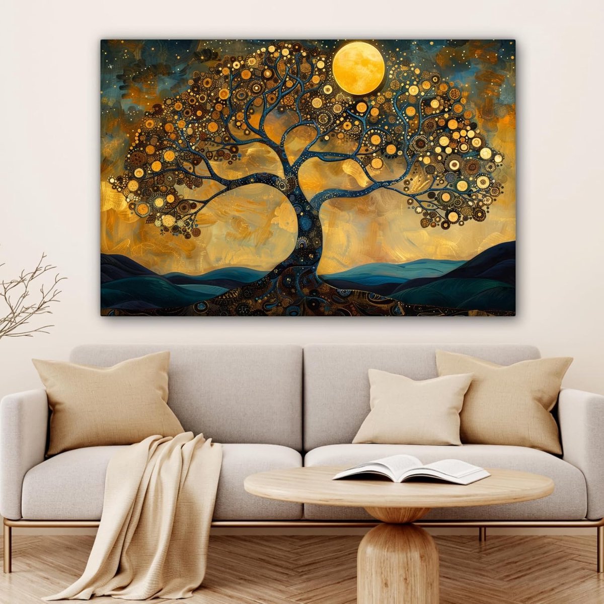 Canvas Schilderij 120x80 cm Kamer Muur Schilderijen Decoratie Woonkamer Slaapkamer Room Decor Wall Decoration Art Painting Boom - Maan - Bloemen - Goud - Kunst