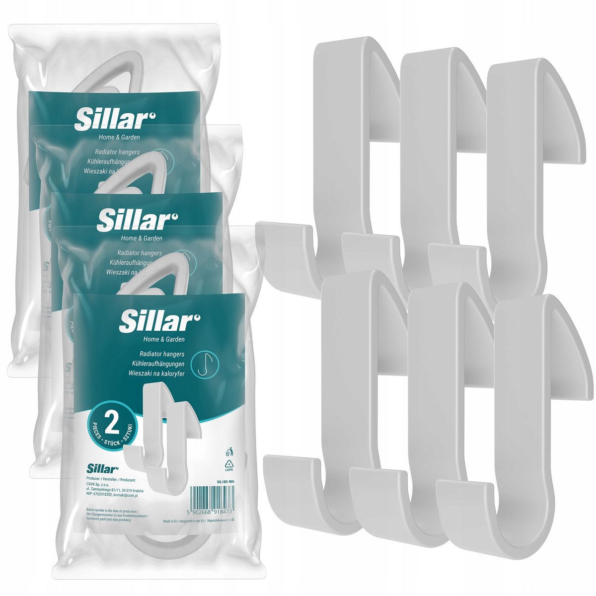 Sillar, Haken, badkamer handgrepen, hangers voor radiator, radiator, kunststof, 95mm, 6 st