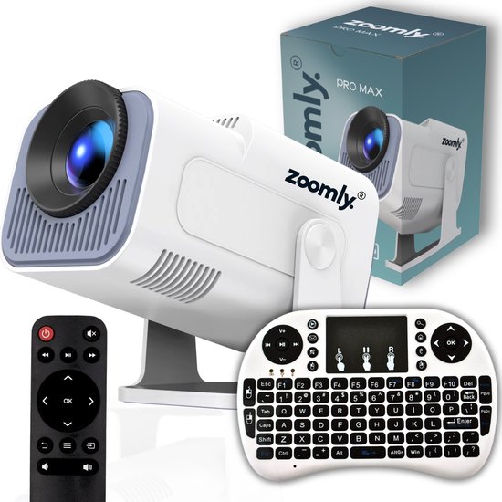 Zoomly® Pro MAX Beamer - Projecteur - Mini Beamer - Full HD 1080p - 4k pris en charge - Home Cinema - Android 11.0 - WiFi 6 & Bluetooth 5.2 - 9000 Lumen - Wit