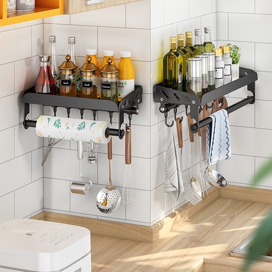 Étagère à épices CHIWIN - Étagère murale de Cuisine sans Embouts - Étagère à épices en acier inoxydable avec porte-rouleau de papier essuie-tout et 8 Crochet - Étagère magnétique pour réfrigérateur - Étagère de rangement avec tige amovible - 40 cm