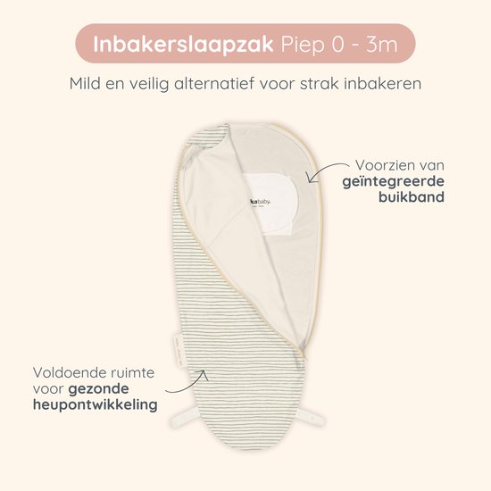 Wit met groen gestreept Puckababy Piep inbakerslaapzakje voor baby's 0-3m. Met geïntegreerde buikband.