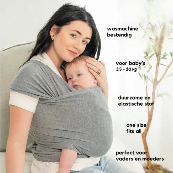 FRONT - Draagdoek voor Baby – Zwangerschapsdoek - Rekbaar & Comfortabel – 100% Katoen – Newborn tot 20 kg – Buik & Heupdragen – 0 tot 3 Jaar – grijs – Unisex — afbeelding 3