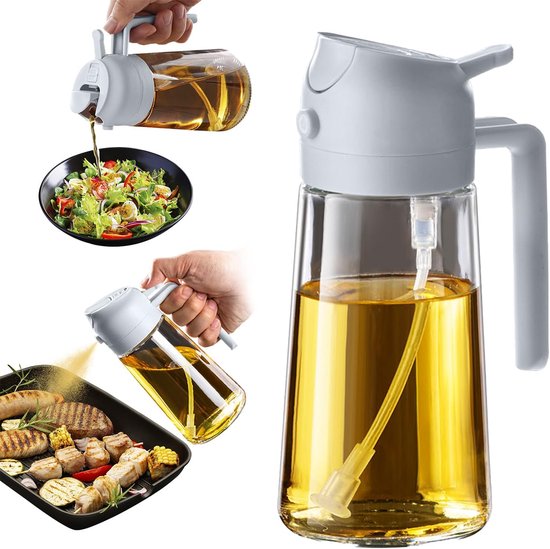 16oz/470ml donkergroene oliesproeier om te koken met stickers, voedselveilige premium 2-in-1 olijfoliedispenserfles voor keukengadgets, luchtfriteuse, salade, frituren, barbecue (BlackNavy