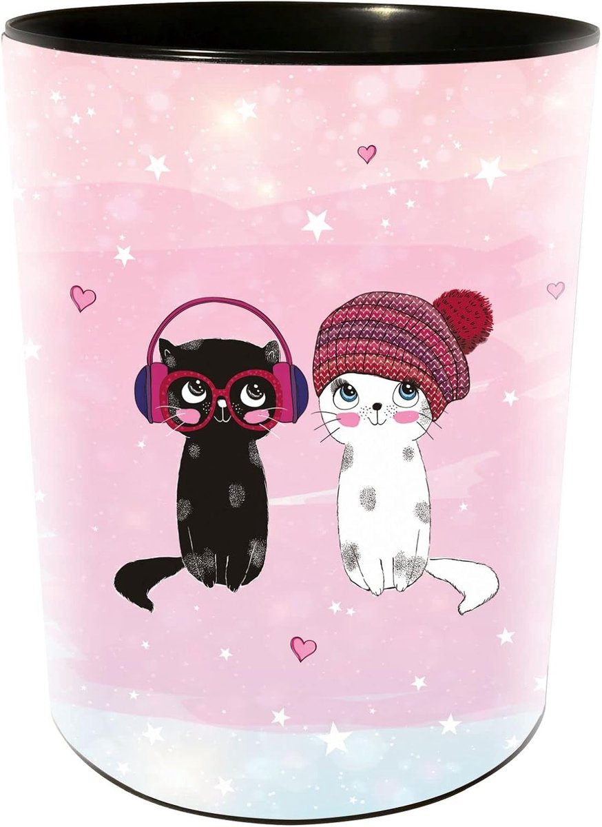 Prullenbak 25 cm diameter 30 cm hoogte 12 liter roze kattenmotief papiercontainer