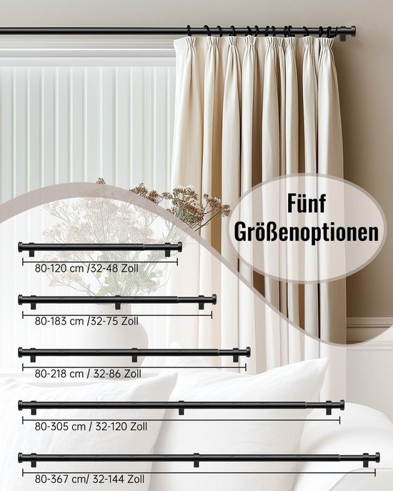 DEFYNEE Gordijnroede, zwart, 80-305 cm, gordijnroede, uittrekbaar, 25 mm diameter, met houder en eenvoudige eindkappen, voor slaapkamer, woonkamer