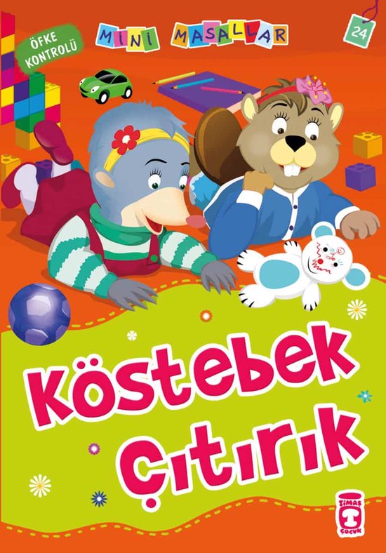 Kinderboekcover 'Köstebek Çıtırık' met een mollen- en beverfiguur die met speelgoed spelen op een oranje en groene achtergrond.