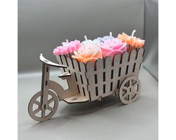 Handgemaakte Geurkaarsen Set – Bloemenkaarsen van Palmwas in Decoratieve Houten Fiets – Roos, Lavendel, Citrus & Vanille – Origineel Cadeau & Decoratie