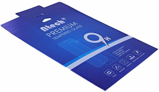 Verpakking voor screenprotector met 'PREMIUM TEMPERED GLASS' en pictogrammen.